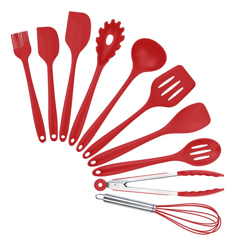 Jogo 10 Colheres De Silicone Cozinha Utensílios Cabo Inox