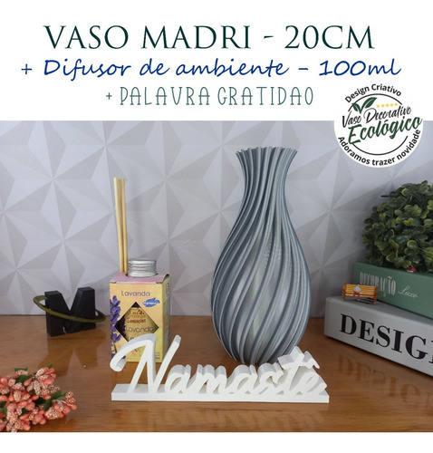 Kit Vaso Decorativo Prata + Difusor Vareta+ Palavra Namaste