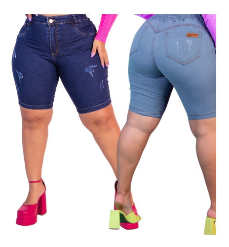 Combo 2 Bermudas Jeans Feminina Plus Size Lycra Elástico 