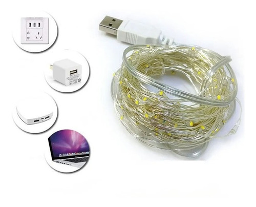 Luces Luz Alambre Usb 100 Microled Blanco 10 Metros X2 Unid