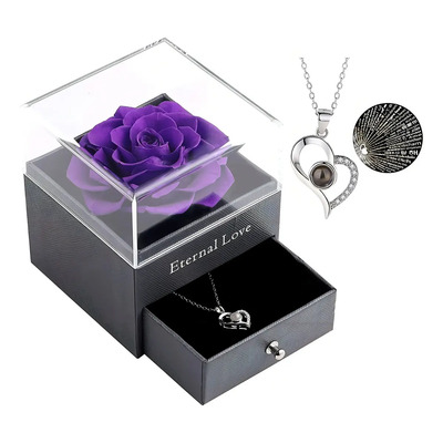 Rosa Real Eterna Y Collar Con Dije, Caja De Acrilico Color Morado | Meses sin interés