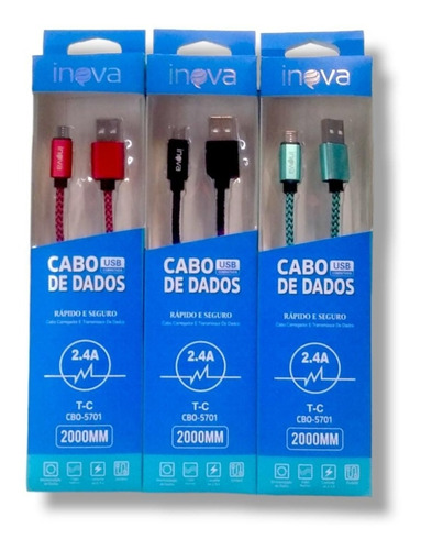 03 Cabos Usb Carregador Inova Turbo Reforçado 2 Metros 