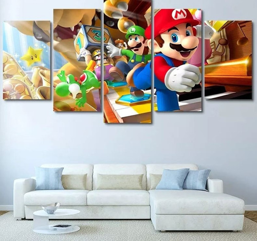Quadro Painel Decorativo Super Mario World Games 5 Pçs Hd