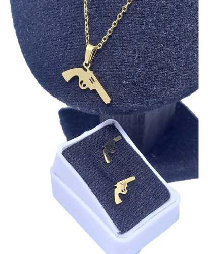 Cadena + Dije + Aretes Pistola Arma Collar Acero Inox.