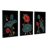 Trio Quadros Decorativos Sala Flor Azul E Vermelha E Peixe