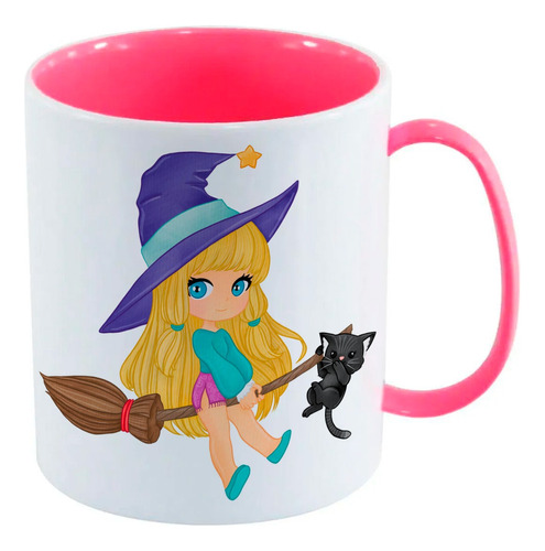 Caneca Infantil Pink Bruxa Vassoura Gato Preto Halloween