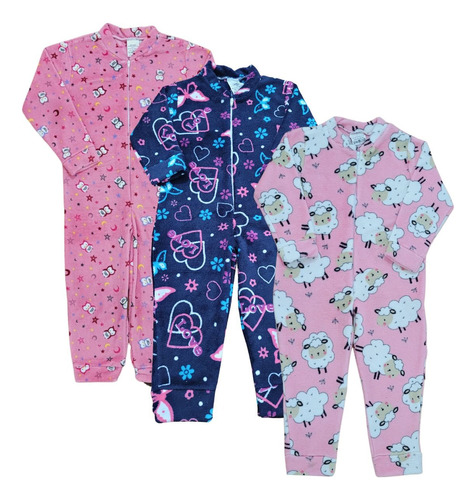 3 Macacao Pijama Roupa De Dormir Bebe Com Ziper Manta Fleece