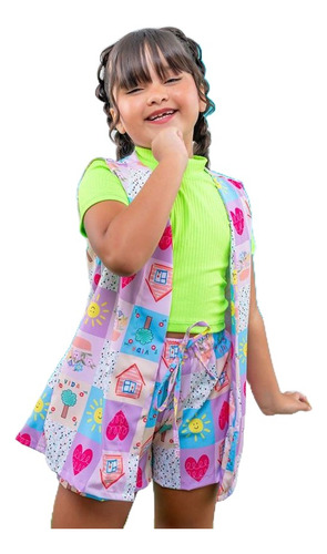 Conjunto Infantil 3 Peças Kimono Blusa E Short Neon