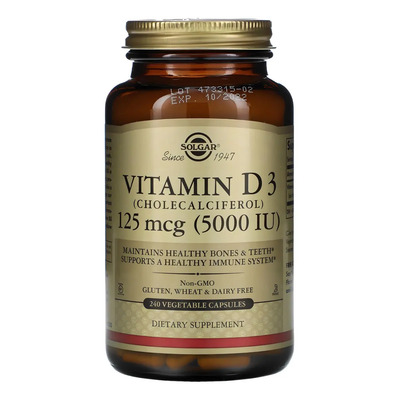 Solgar | Vitamin D3 | 5000 Iu | 125mcg | 240 Vegetable Caps Sabor Nada | Envío gratis