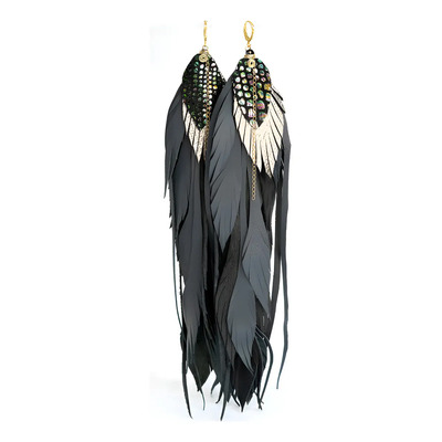 Aretes Colgantes Plumas Cuero Negro y Oro 18k VANGANIA Joyeria Mujer | Meses sin interés