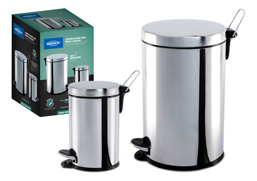 Conjunto Lixeira 12+3 Litros Brinox Cozinha E Banheiro Inox