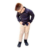 Conjunto Infantil Camisa Azul Escuro + Calça Bege Masculino 