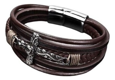 Pulsera De Cuero Con Cruz Silver Sunset Hombre Regalo