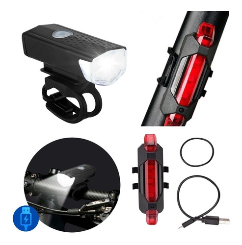 Kit Bike Farol E Lanterna Sinalizador Recarregável Usb