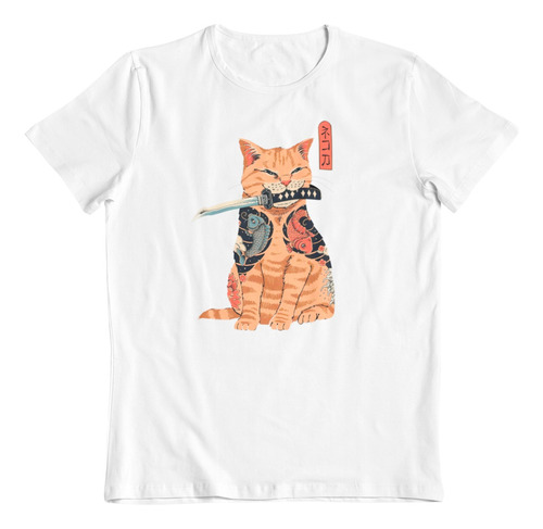 Polera Blanca Algodon Dtf Gato Samurai Ninja Japon Anime Art