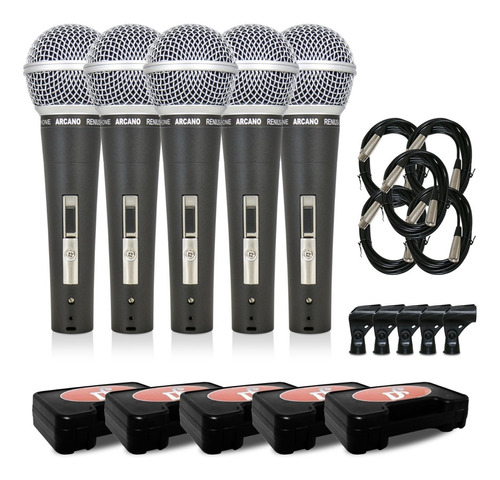 5 Microfones Arcano Renius-8 Maletinha Xlr-xlr Mono 4,5m