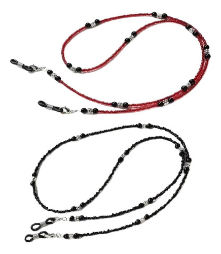 Cadena Collar Correa 2 Pzas* Sujeta Lentes Y Cubrebocas Color Negro Y Rojo