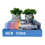 Decoração Livros New York E Dupla Vaso Prata Luxo Planta