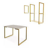 Conjunto Escrivaninha E Armário Suspenso Mdf Branco/dourado