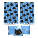 Kit Cortina Infantil Gatinho + 3 Capas Almofadas De Quarto