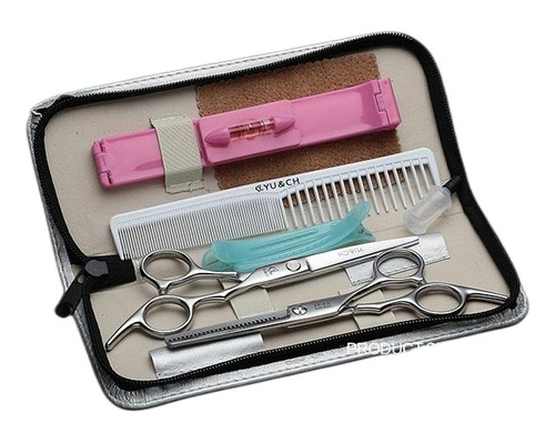 Set Tijera Filo Navaja+esculpidora+estuche+peine Nivelador