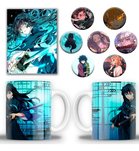 Cuadro Decorativo + Taza + 7 Pin Demon Slayer Variedad