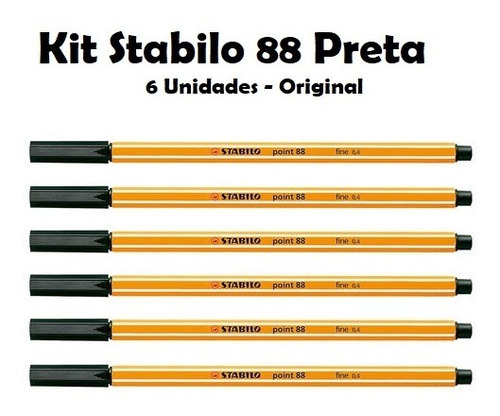 Kit 6 Caneta Hidrográfica Stabilo Point 88 Preto 0.4mm