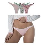 Kit 3 Peças Tanga Estampada Cotton Lateral Fina Tiê Lingerie