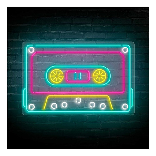 Letrero Led Neon Cassette Musica Retyro 80s 62*40cm Luminoso