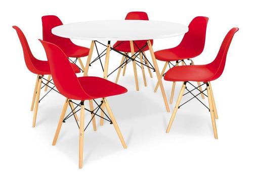 Kit Mesa Jantar Eiffel 120cm Branca +6 Cadeiras Eames Eiffel Cor Vermelha