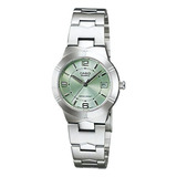 Reloj Casio Ltp-1241d-3a Mujer Color De La Malla Plateado Color Del Bisel Plateado Color Del Fondo Verde