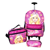 Kit Mochila Rodinha F1 Barbie Infantil Lancheira E Estojo