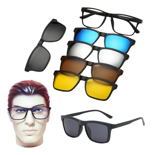 Oculos Armação Feminino Masculino 5 Clipons Kit 6 Em 1 