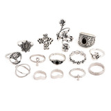 Set 14 Anillos Flor Loto Midi Ajustables Vintage Nudillo Ave