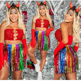 Conjunto Cropped Coração Brilho E Saia De Fita Carnaval