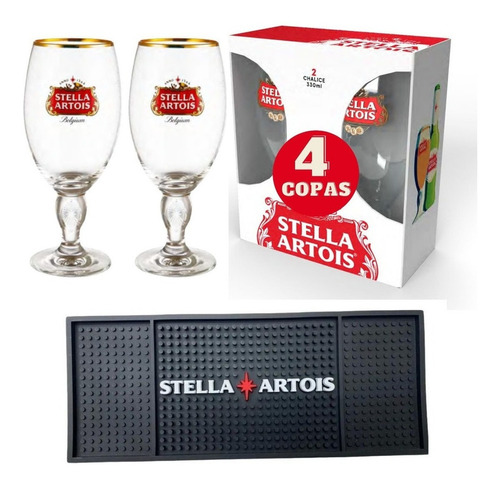 4 Copas De Cerveza Stella Artois + Secavasos Beermat Regalo