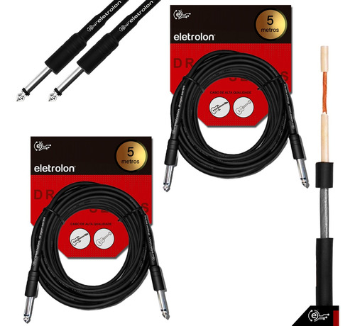 Kit 2 Cabo P10 P10 Mono Para Violão Guitarra Baixo 5m Metros