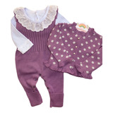 Conjunto Tricô Jardineira Casaco Body Menina Baby Infantil