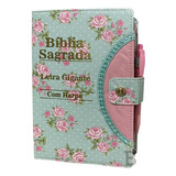 Bíblia Sagrada Feminina Letra Gigante Botão - Floral Verde