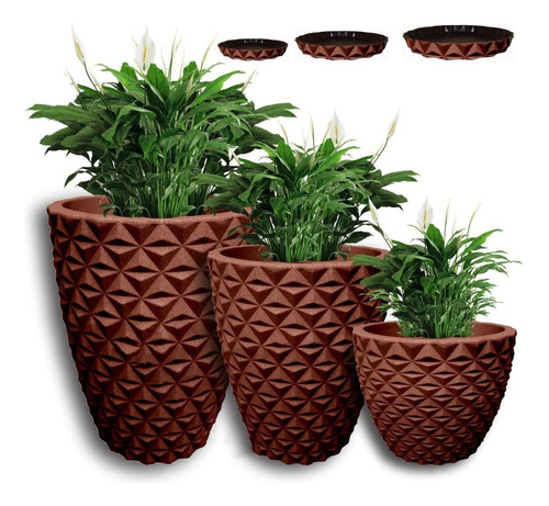 Jogo 3 Vasos Luxo Diamante 3d Plantas Casa Jardim 3 Tamanhos