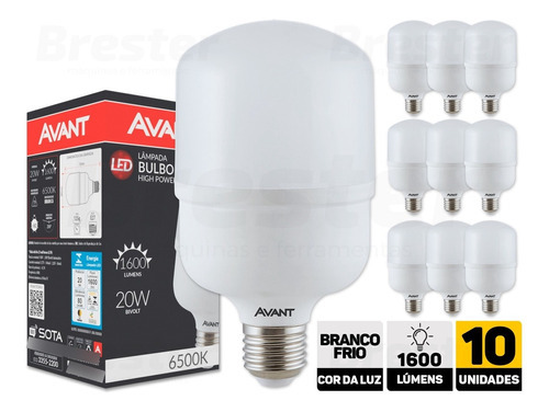 Kit 10 Lâmpada Led Bulbo E27 20w 6500k Bivolt Cor Da Luz Branco-frio 110v/220v