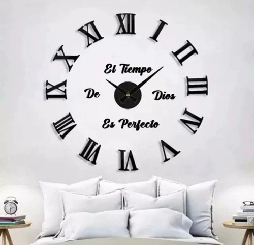Reloj De Pared Negro + Frase En Vinilo Color Negro