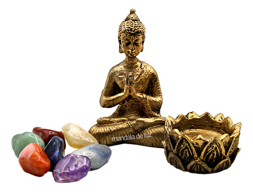 Combo Kit Estátua De Buda + Castiçal + Pedras Dos Chakras