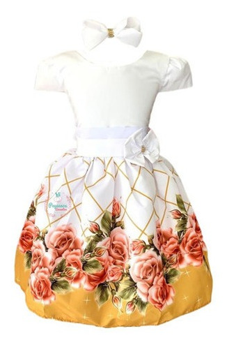 Vestido Infantil Branco C/ Dourado E Rosas