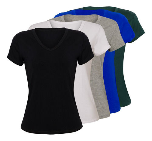 Kit 5 Blusas Camiseta Baby Look Gola V Manga Curta Atacado | MercadoLivre