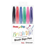 Kit Caneta Brush Sign Pen Touch Pentel C/ 6 Cores Básicas