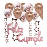 Set Rosa Gold Globos Feliz Cumple + Bouquet 12 Globos