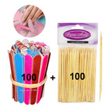 Kit 100 Lixas De Unha Mini + 100 Palitos Manicure Pedicure Colorida 