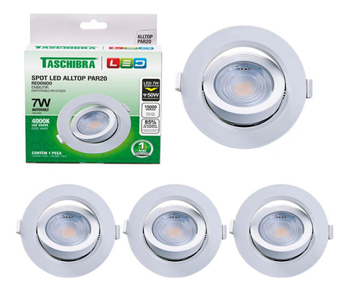 Kit 4 Spot Led Embutir Redondo 7w Móvel Par 20 Taschibra