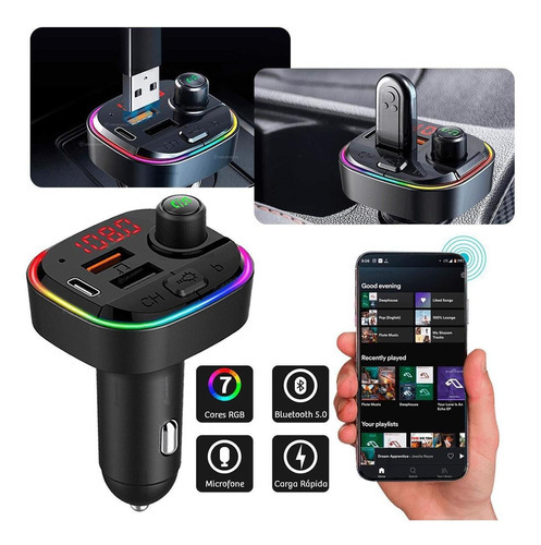 Receptor Transmissor Fm Veicular Mp3 Bluetooth 2usb 1tipoc Cor Preto